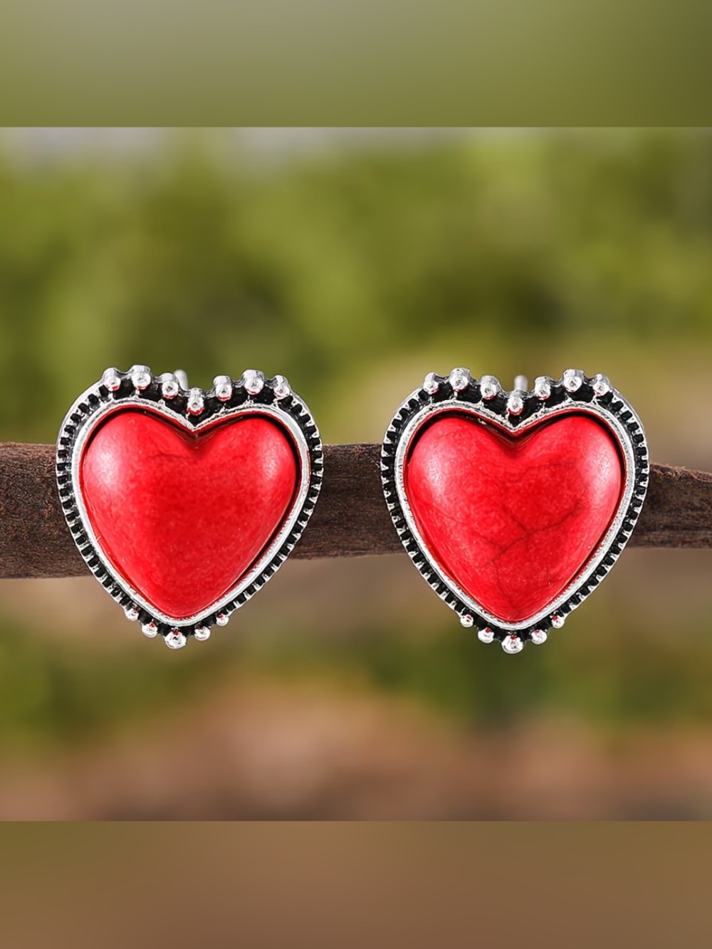 Red Heart Stone Stud Earrings - Women's Jewelry